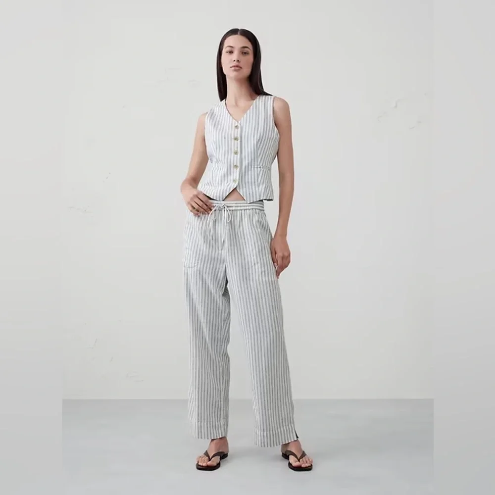 NWT Banana Republic Linen Blend Stripe Pants Large Coastal Drawstring Straight